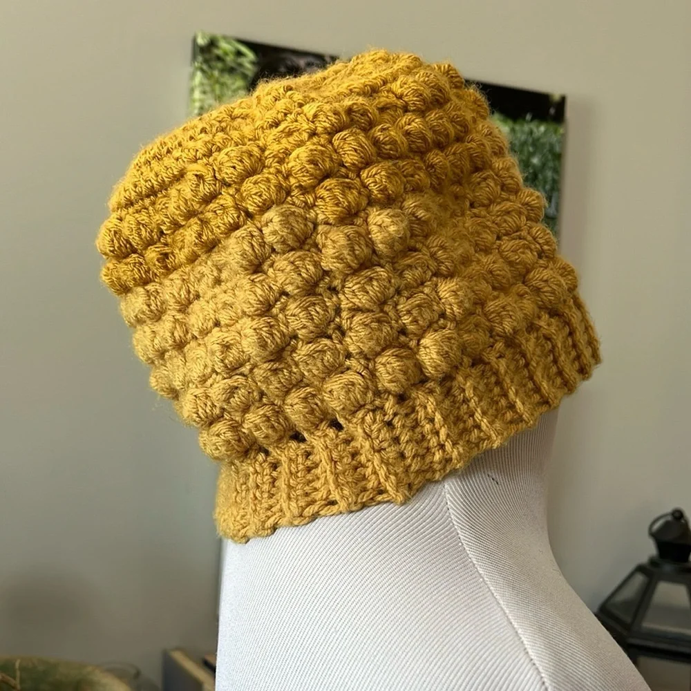 HAND CRAFTED BEANIE KNIT HAT MUSTARD YELLOW